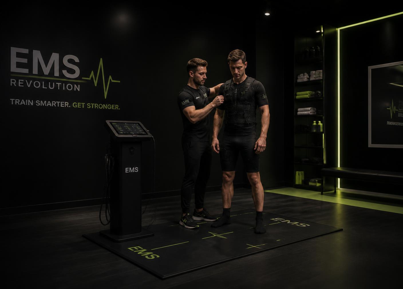 Coach fitting a client into an EMS suit at the B-Fit20 studio